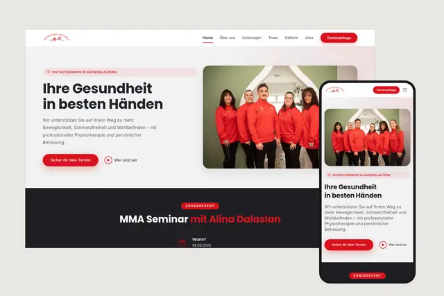 Website der Physiotherapie Fodor in Kaiserslautern in Desktop- und Smartphone-Ansicht, entwickelt von RM-Werbung