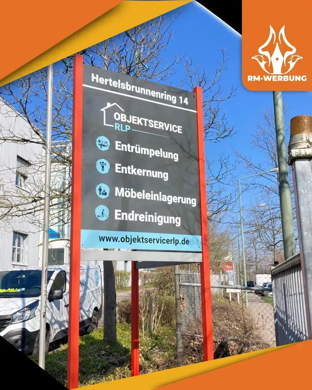 Modernes Firmenschild für Objektservice RLP in Kaiserslautern – Werbetechnik und Beschilderung von RM Werbung