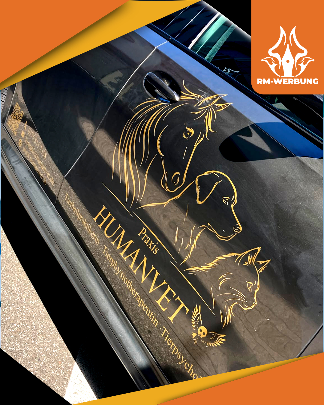 Edle Fahrzeugbeschriftung in Gold-Optik für Praxis HUMANVET mit Motiven von Pferd, Hund, Katze und Eule